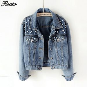 Fionto Plus Size Pearl Kralen Korte Denim Jassen Vrouwen White Wassen Lange Mouw Vintage Casual Jean Jacket Bomber Coat CA2320 / 5 201106