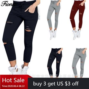 FIONTO déchiré Jeans pour femmes Joggers grande taille pantalon Stretch crayon pantalon Leggings Harajuku Plus 210809