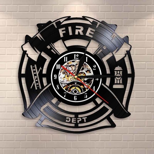 Fire Rescue Fire Dept Signe Décoration Horloge Murale Pompier Disque Vinyle Horloge Murale Man Cave Pompiers Horloge Décorative Montre 201118
