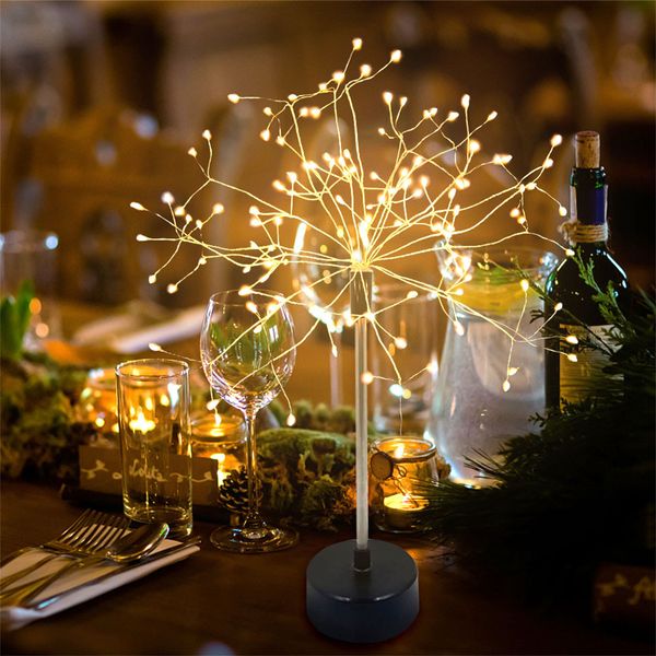 Lámpara de mesa Fireworks Firefly, luz de hadas intermitente de alambre de cobre, luz nocturna de escritorio, luz de árbol de flores, 120 LED, alimentación por batería/USB, control remoto, boda, decoración del hogar