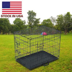 Cage de transport de fil pliante en métal ferme pour animaux de compagnie chien de chat à double porte avec séparateur et plateau en plastique noir PTCG01-24284L