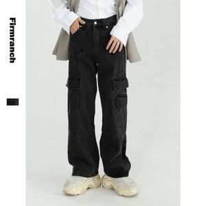 FIRMRANCH Herfst Mannen / Dames Multi Pockets Design Cargo Denim Losse Lange Wide Been Broek Retro Zwart Gewassen Jeans
