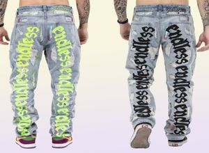Firgranch Back Letter Broidery Jeans for Men Ins Street Broken Hole Homme Loose Endless Denim Pantal