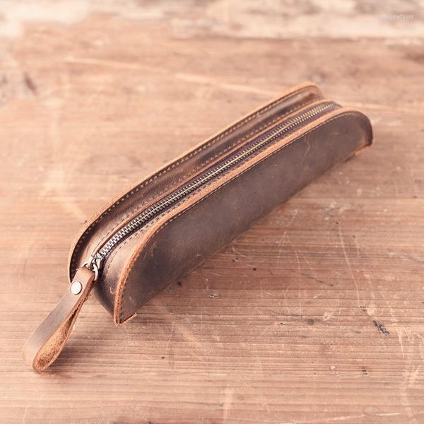 Primera capa de cuero genuino Crazy Horse Pen Bag Zipper Retro Portable Simple Pencil Case con cola de mano Traveler School Supplies