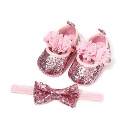 Eerste Walkers 0-18m Verjaardag Infant Born Baby Girls Shoes Bowknot Sequins Princess Hairband