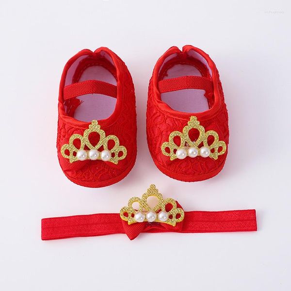 Primeros caminantes 0-18M Crown Pearl Born Baby Shoes Diadema Conjunto Antideslizante Niño Infant Walker Girls Suela suave Rosa