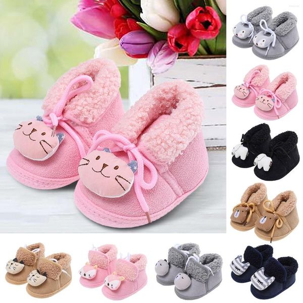 First Walkers 2023 Winter Snow Baby Boots 25 couleurs Warm Fluff Balls Indoor Cottton Soft Rubber Sole Infant Born Toddler Shoes Booties