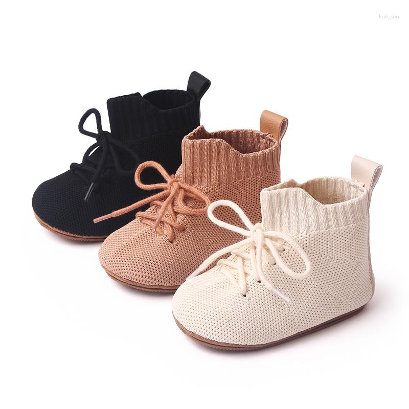 Första Walkers Autumn Winter Flying Woven Baby Shoes Breattable High-Top Boots Soft Soled Toddler
