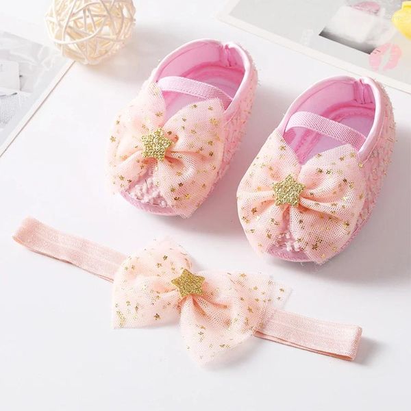 Premiers marcheurs bébé fille chaussures plates mignonnes paillettes étoile arc antidérapant semelle souple né berceau princesse avec bandeau