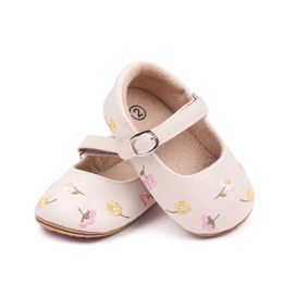 First Walkers Baby Girl Mary Jane Flats Pu Leather Baby Dress Shoes Borduured Princess Shoes Soft Baby Bed Step 1 D240525