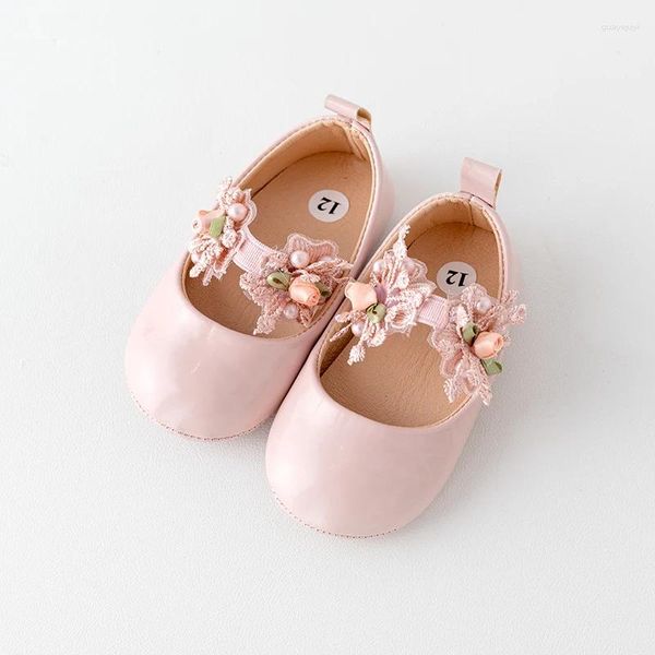 Premiers marcheurs bébé fille Mary Jane chaussures Soft Sole Infant Premium Pu Flats Flower Walker Crib pour fête
