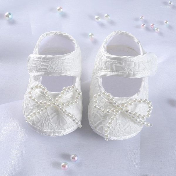 Scarpe da principessa in pizzo bianco per bambina, scarpe da principessa in pizzo bianco, antiscivolo, morbide, da passeggio, per neonati, anniversari, con fiocco