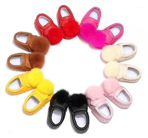 First Walkers Baby Girls Boys Shoes Fur Ball 2022 Toddler Infant PU Suede Leather Born Mocasines Soft Sole Prewalkers