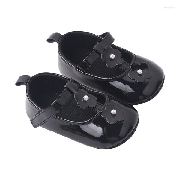 Primeros caminantes Bebé Niñas Lindos Mocasines Zapatos Suela suave Decoración de flores Cuero de PU Plano Casual Negro Princesa antideslizante