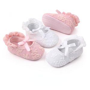 First Walkers Baby Girls Dress Bow Princess Shoes Soft Soled Baby Shoes 0-1 jaar oude geborduurde kant Walking Shoes Elastische Band First Walkers 230314