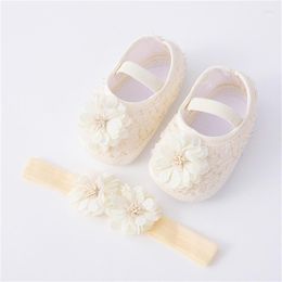 Premiers marcheurs bébé filles chaussures plates bandeau à fleurs ensemble semelle souple dentelle fleur bande élastique antidérapant enfant berceau sol