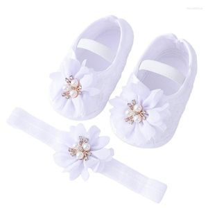 Premiers marcheurs bébé filles appartements et bandeau semelle souple antidérapant perle fleur princesse robe de mariée chaussures de marche pour né