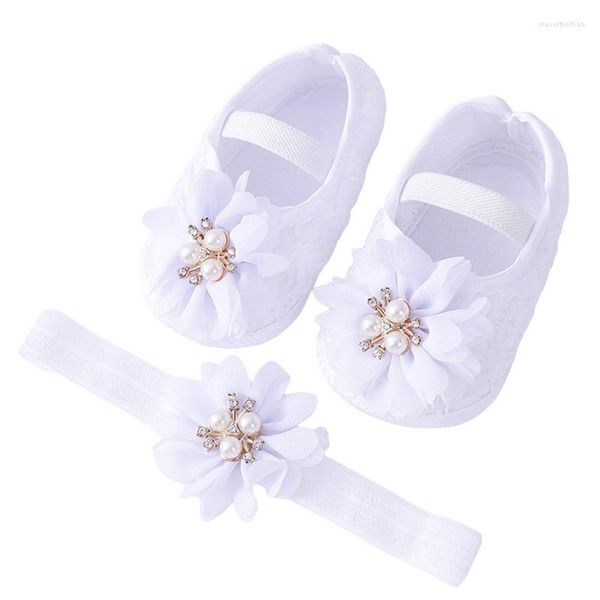 First Walkers Baby Girls Flats And Headband Suela blanda antideslizante Perla Flor Princesa Vestido de novia Zapatos para caminar para Born