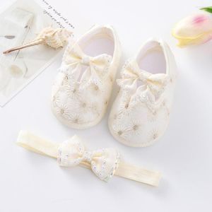 First Walkers Baby Girls Flats Hair Band Set Infant Non-Slip Bowknot Shoes Born Princess Wedding 0-12 maanden voor