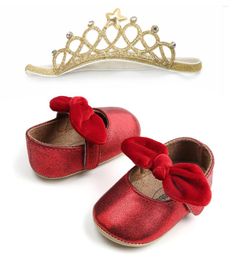 First Walkers Baby Girls schoenen Sets PU Leather Toddler Infant Headband Bow-Knot Soft Sole with Crown