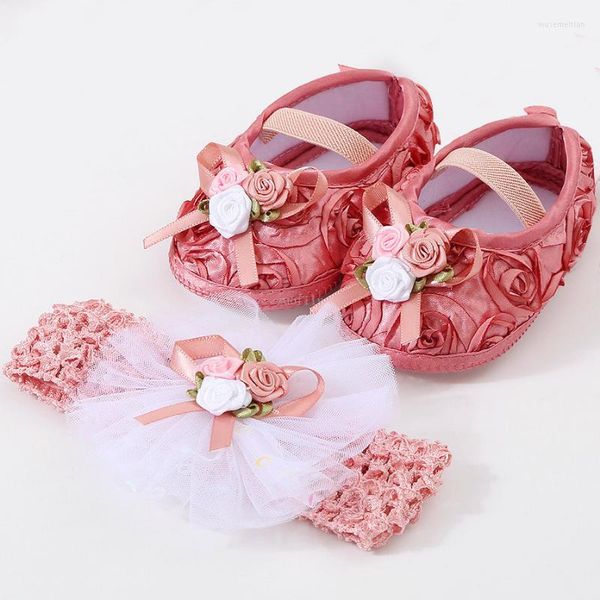 Primeros pasos Zapatos de bebé Conjunto de diadema Flor linda Niño para niñas Suela blanda Antideslizante Niña 0-18m Niños