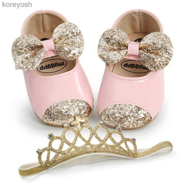 Primeros caminantes Baywell Baby Girl Shoes + Banda para el cabello Infante Niño Moda PU Lentejuelas Bowknot Antideslizante Princesa First Walker Bautismo ShoesL231016