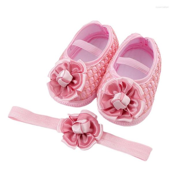 First Walkers Born Baby Girls Chaussures Walker Premium Flats Soft Sole Infant Toddler Flower Crib Shoe Avec Bandeau