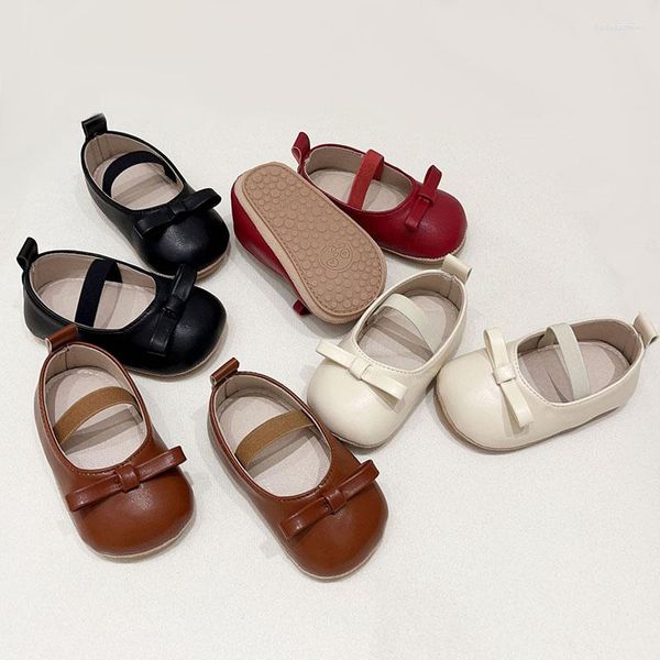 Chaussures en PU pour bébés filles, premiers pas, avec nœud papillon, antidérapantes, semelle souple en caoutchouc, solide, berceau pour tout-petits, printemps-automne