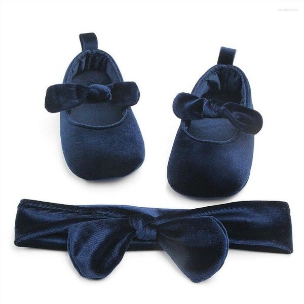 Premiers marcheurs né bébé fille nœud papillon velours chaussures de berceau mignon couleur unie étapes antidérapant semelle souple Prewalker bandeau ensemble