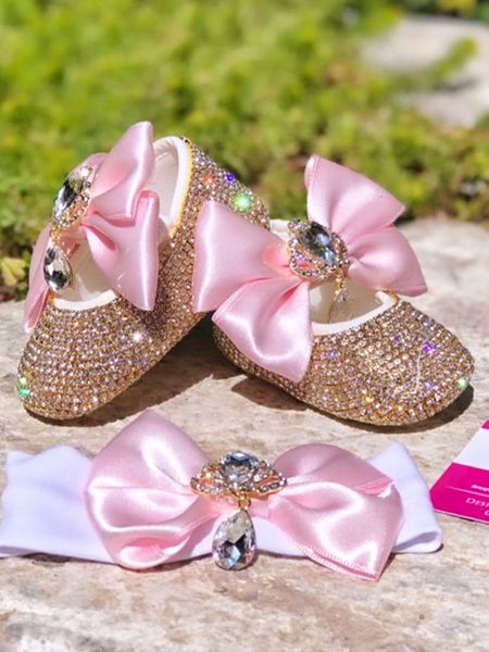 First Walkers Dolling Bown-Bowknot rose avec Shinny Strass Crown Luxury Girls Toddler Born Baby Special Ocassion Shoes 230812