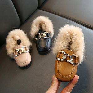 Babyschoenen Platte schoenen Meisjes Mode Winter Warm Peuterschoenen Kinderen Kinderen Konijn pluche Bont Prinses Vierkante Kop Lederen Schoen Meisje 231109