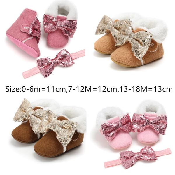 First Walkers Flock Fur Baby Girl Botines de invierno Botas rosas para calentar zapatos Born Walker con diadema