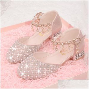 First Walkers Girls High Heel Chaussures pour enfants Pearl Teen Crystal Party Princesse Child Sandales en cuir formel 230308 Drop Deliv Dhj9z