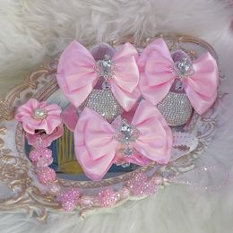 First Walkers Handmade Bow Sthingestones Baby Girl Kids Chaussures Chaussures HairBand Pacificier Clip Coup First Walker Sparkle Bling Crystals Douche Cadeau 230606