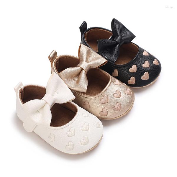 Premiers marcheurs infantile bébé filles princesse chaussures coeur jacquard nœud papillon antidérapant mariage slipps adorables brillant surface chaussons