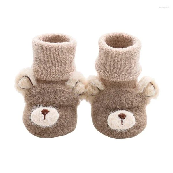 Premiers marcheurs Chaussettes de pantoufles pour bébés nés avec poignées Soft Crew Têtes d'animaux 3D pour garçons et filles 0-3T