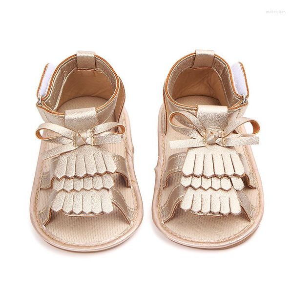 Primeros pasos, sandalias para niños pequeños, zapatos para niñas pequeñas, verano, antideslizante, PU, borla, blanco, rosa, dorado