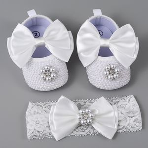 Babyschoenen Luxe Parel Baby Meisje Schoenen Eerste Wandelaar Hoofdband Set Sparkle Bling Kristallen Prinses Schoenen Baby Shower Gift SH 230601