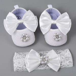 First Walkers Luxe Pearl Baby Girl Shoes First Walker Headband Set Sparkle Bling Crystals Princess Shoes Baby Shower Cadeau SH 230606