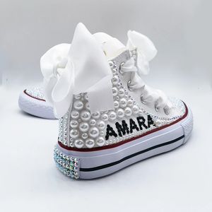 Primeros caminantes Nombre Diseño personalizado Zapatos para niños para niña Comunión Fiesta de cumpleaños Lienzo Dollbling Hecho a mano Bling Rainbow Pearls Zapatillas 231116