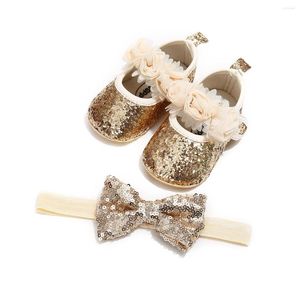 Eerste wandelaars pailletten babymeisjes schoenen lederen peuter geboren wandel boog-knoop zachte zool haak lus bloemen bling prinses schoen