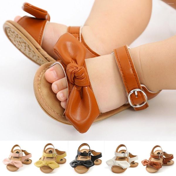 Zapatos de cuna antideslizantes de suela blanda para niños pequeños y niñas, sandalias descalzas con lazo de Color sólido para el suelo de 0 a 18m