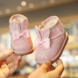 First Walkers Winter Baby Girls Snow Boots Toddler Girl Rabbit Ear Winte Shoes Baby First Walkers Bling Solid Color 230314
