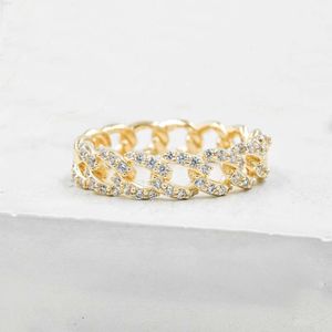 Firstmadam 14K 18K Gold pur solide 0,4 ct Pave diamant Pave Cuban Link Eternity Ring 5 mm Largeur