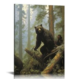 Firstwallart Bears joue dans la forêt brisée arbre arbre art peignant l'image imprimé sur toile images d'animaux pour le cadeau de décoration de décoration intérieure
