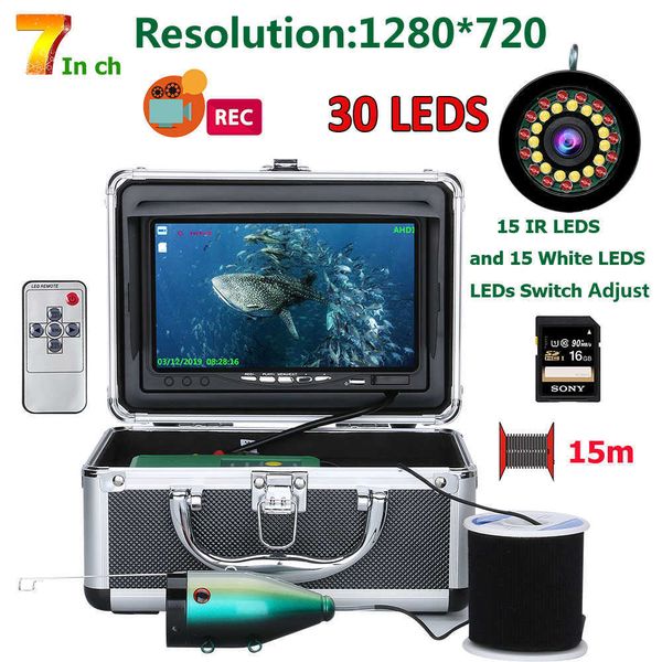 Buscador de peces 30M / 15M DVR Buscador de peces de invierno Cámara de pesca submarina 7 pulgadas HD 1280 * 720 Pantalla con tarjeta 16G para mar / barco / pesca en hielo HKD230703