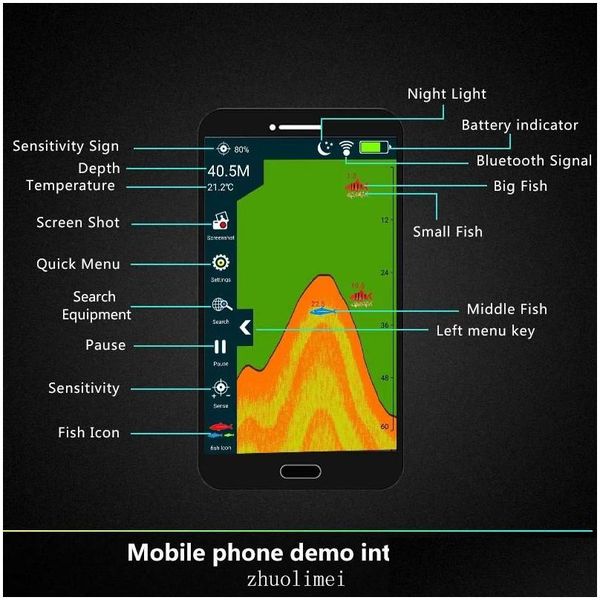 Fish Finder Finders Erchang XA02 / F68 Wireless Sounder 48M / 160ft Détecteur Alarme de pêche iOS Android Echosouner Sonar pour livraison de gouttes DHB3R