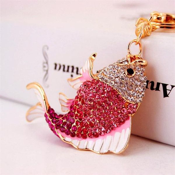 Porte-clés poisson pendentif animal porte-clés ton or plaqué goutte à goutte huile strass cristal porte-clés de voiture porte-clés femmes sac accessoires227D