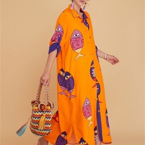 Motif de poisson long bouton robe boho 2021 vêtements de mode authentiques pour les femmes avec 6 options de couleurs différentes Q0712