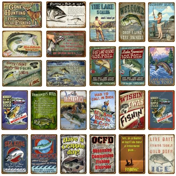 Reglas de pescador Señales de estaño de metal Bienvenido al póster de estaño vintage de pescado para la granja de restaurantes Pub Pub Cinning Decoración de la pared Plaque 30x20 cm W03